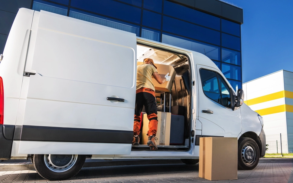 A delivery worker stands inside a white van with the side door open, unloading boxes in front of a modern building.