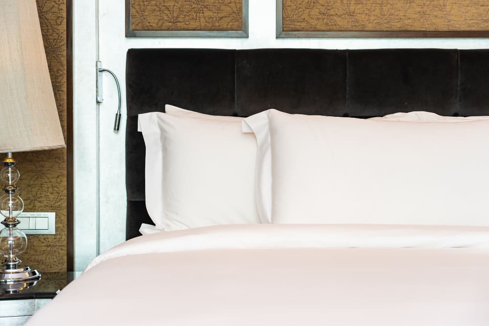 A neatly made bed with white sheets and pillows, a black upholstered headboard, and a lamp on a bedside table against a decorated wall.