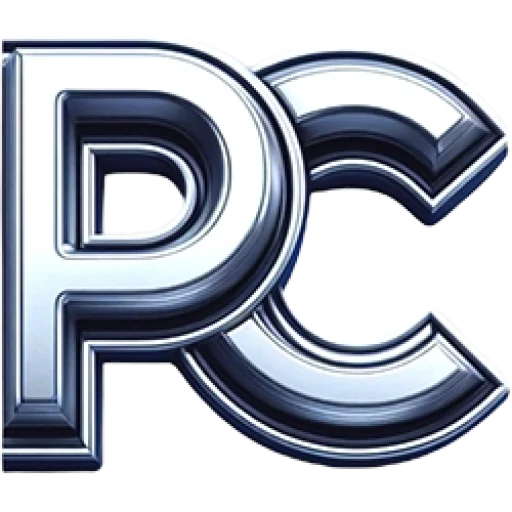A metallic, three-dimensional "PC" logo with a shiny, chrome finish on a transparent background.