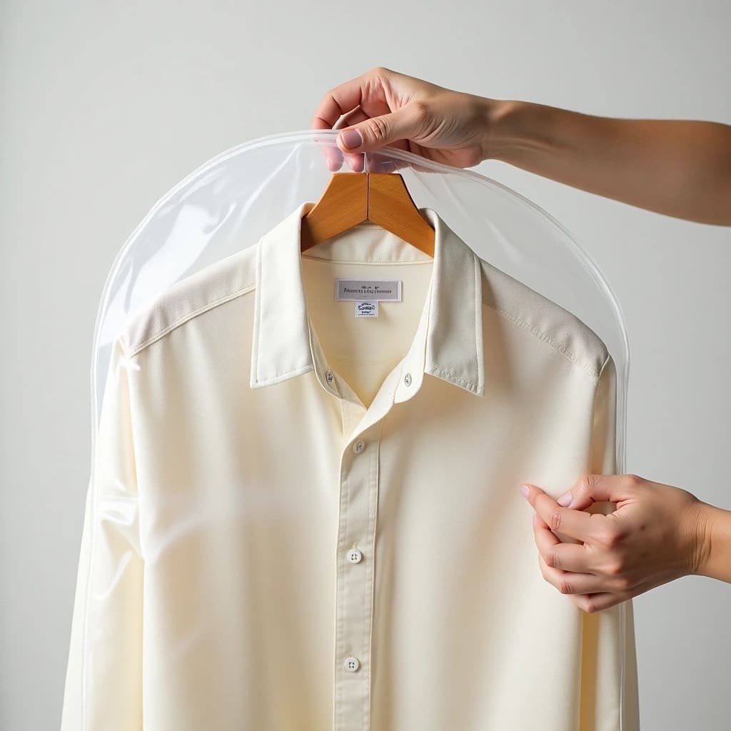 A person holds a hanger with a neatly pressed white dress shirt covered by a clear plastic garment bag.