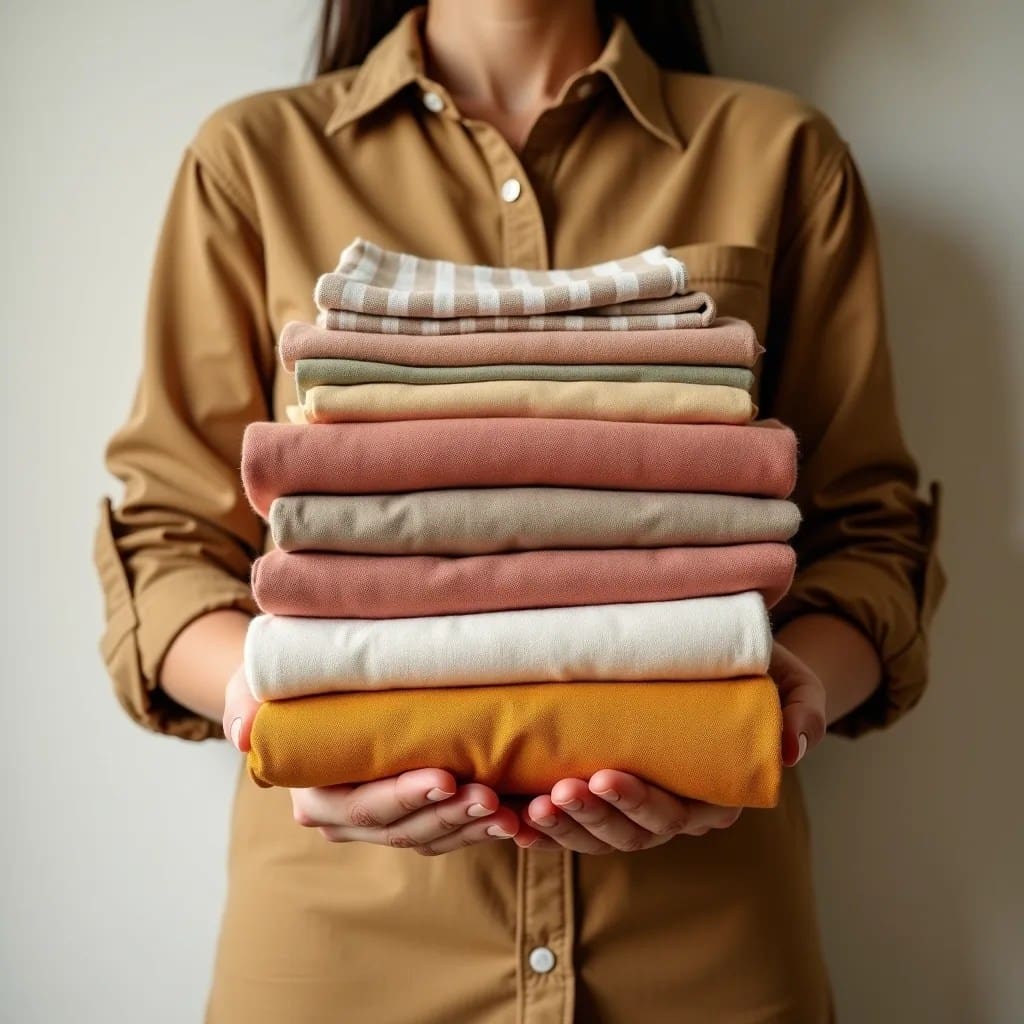 A person in a brown shirt holds a neatly folded stack of various colored and patterned fabrics against a plain background.