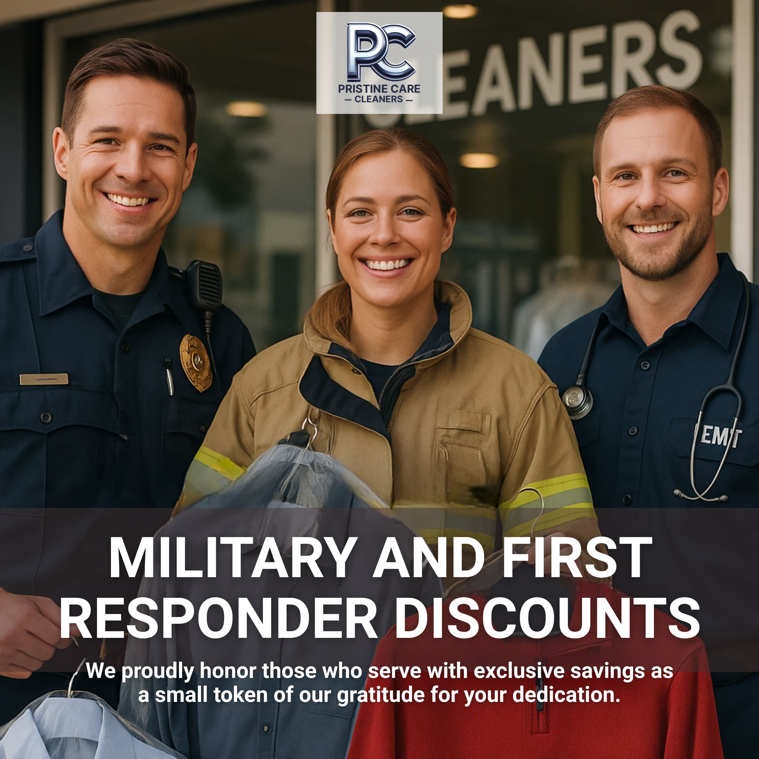 Three uniformed first responders&mdash;police officer, firefighter, and EMT&mdash;smiling and holding dry cleaning bags inside a Pristine Care Cleaners location.