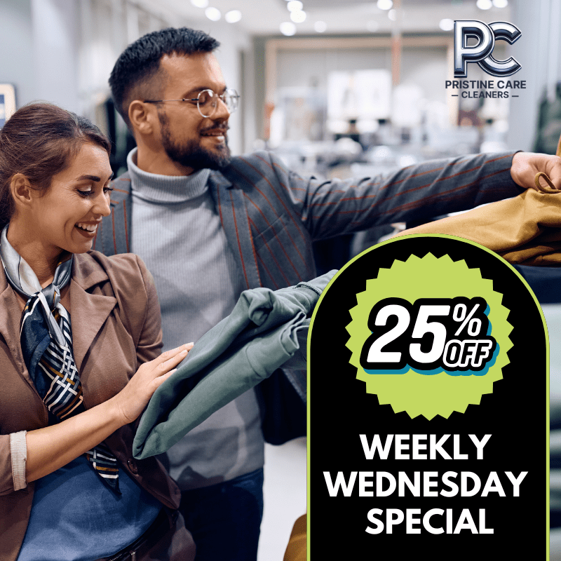 A man and woman smiling while holding clothes in a store, with a sign reading "25% off Weekly Wednesday Special" and a Pristine Care Cleaners logo.